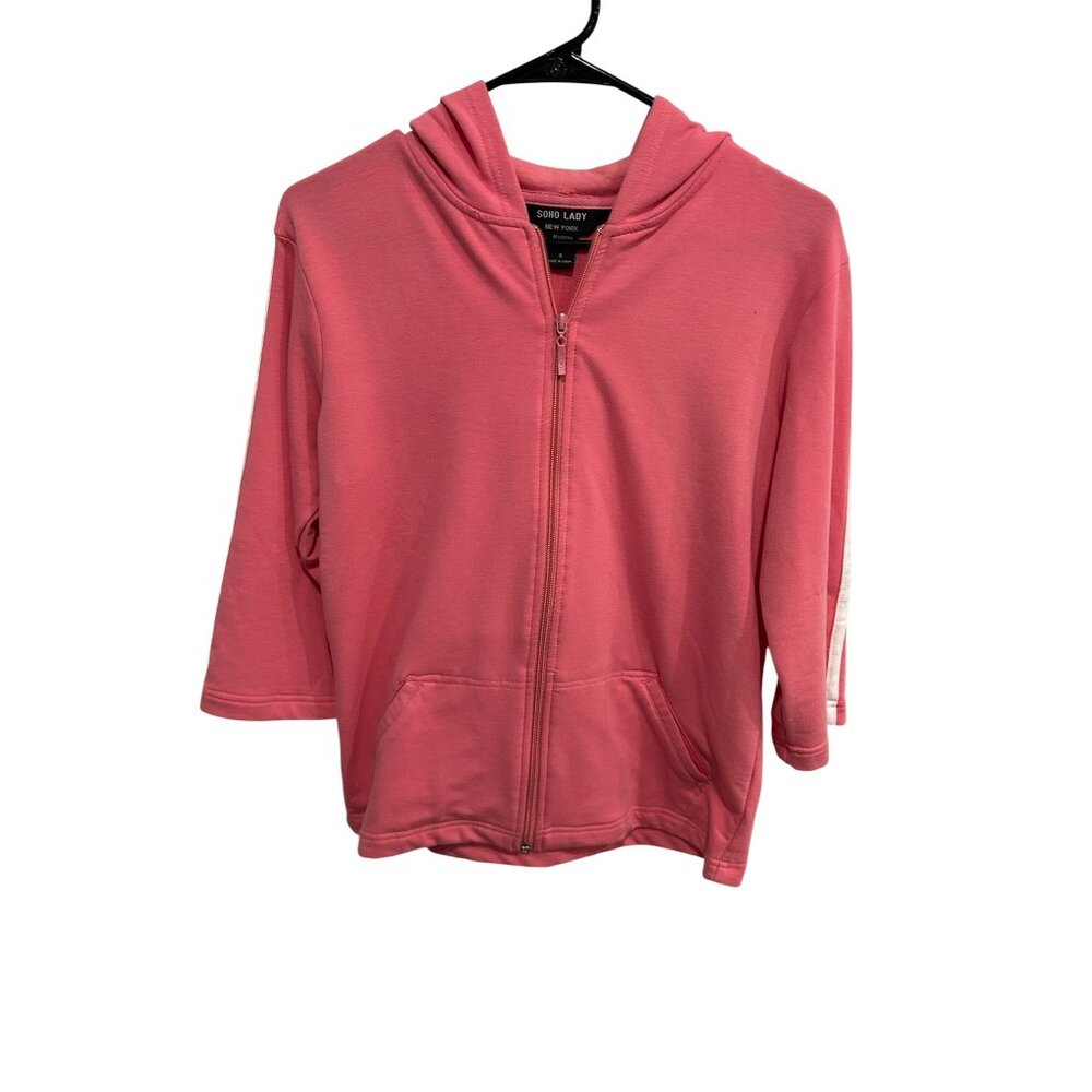 Soho Lady Pink Pockets White Stripe Sleeves Zip-Up Hoodie Size S Cozy Athleisure